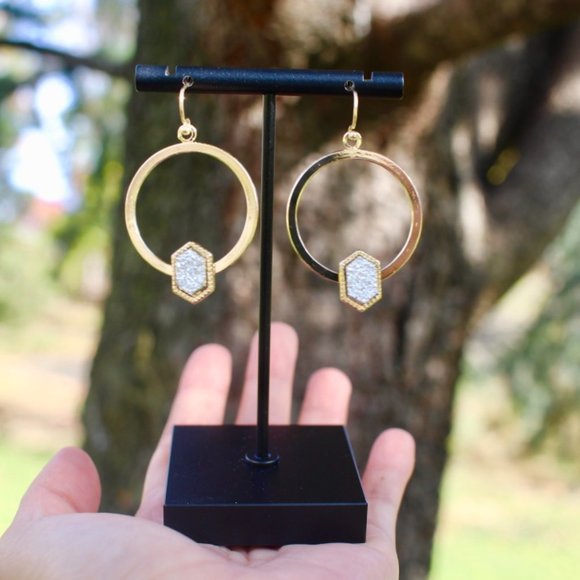 New Anthro Gold Druzy Sparkle Hoops Drop Earrings - Picture 10 of 12